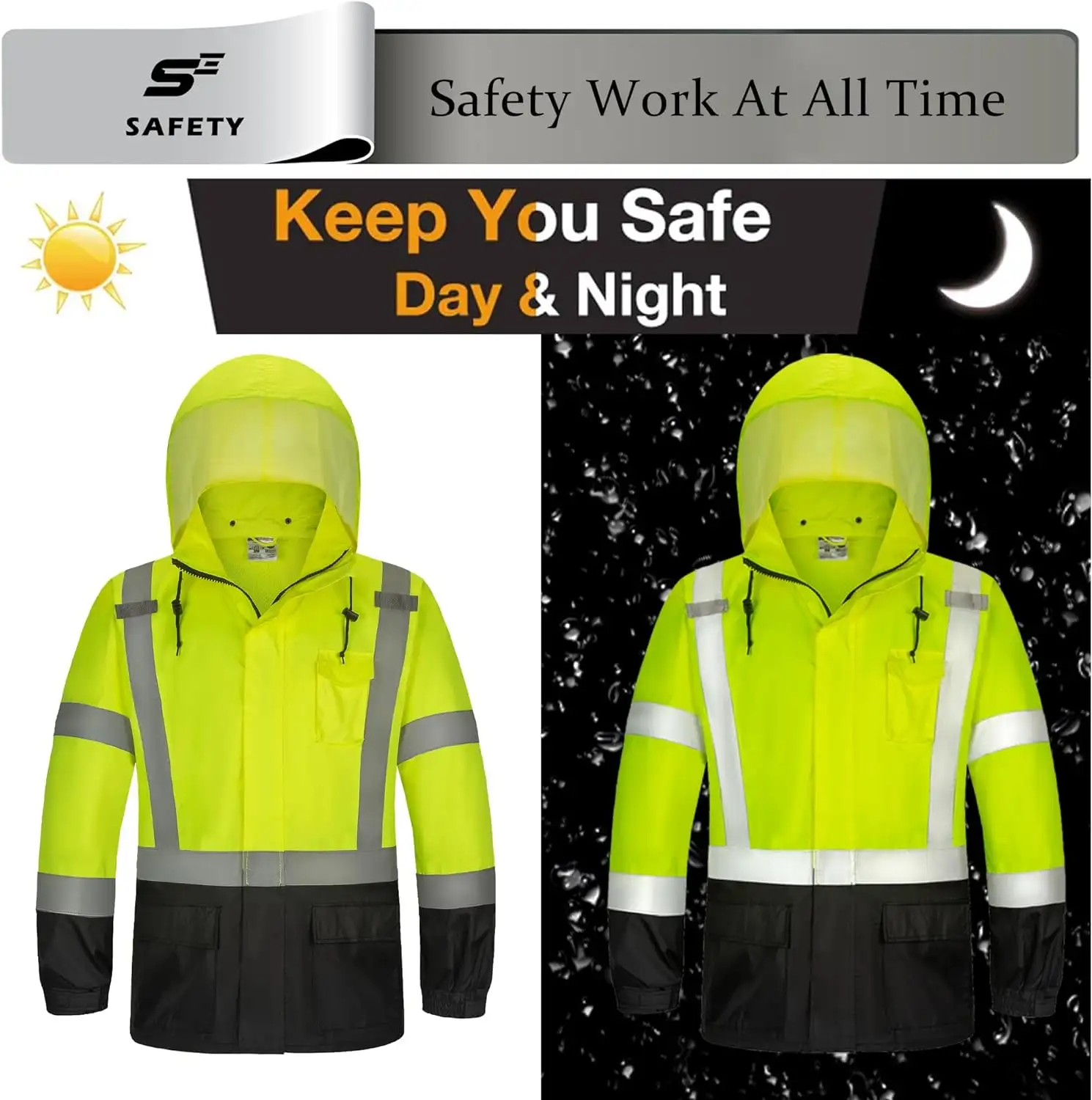 sesafety Hi Vis Rain Jacket, Rain Suits for Men Waterproof with Black Bottom - 7134 tfdifl._ac_sl1500_